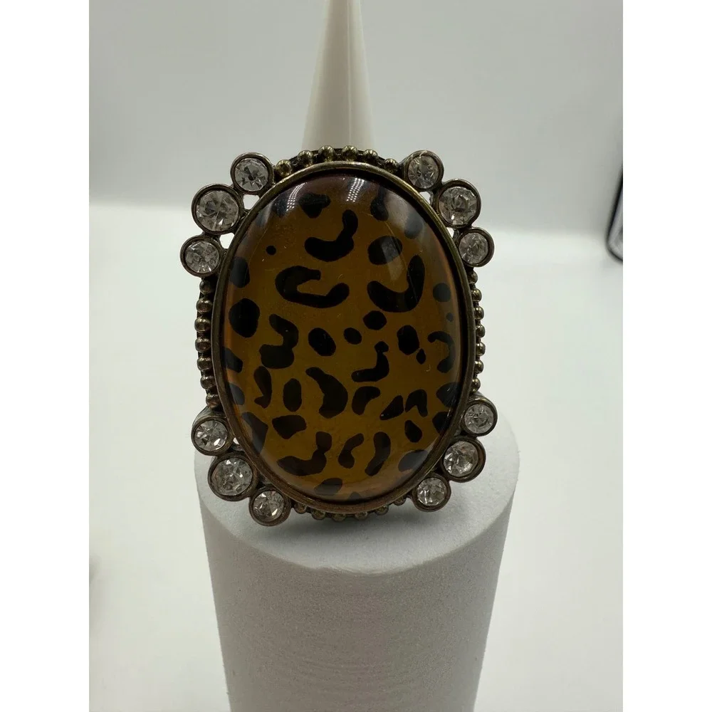 Leopard Print Statement Ring Bronze Tone Rhinestone Oval Cocktail Ring Sz 7.5